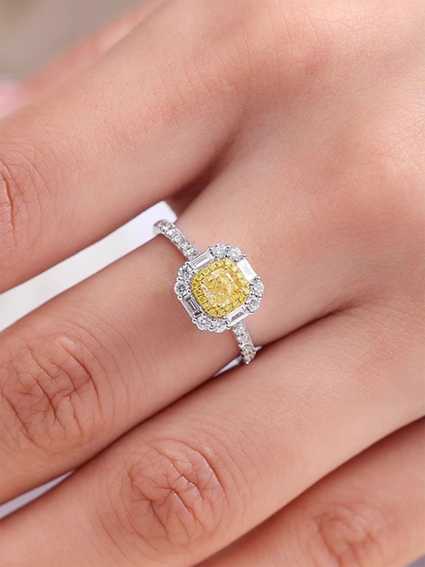 Mixed-Cut Halo Lab Diamond Engagement Ring • Baguette & Round • Fancy Yellow D VVS1 | VIVADAR