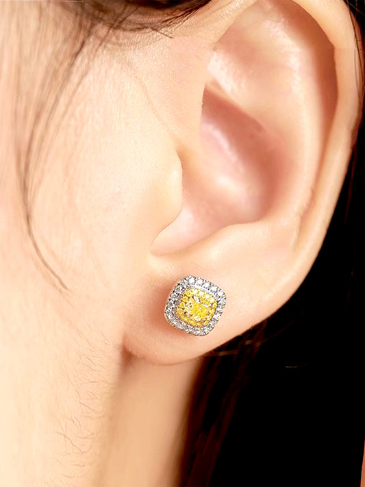 Fancy Yellow Cushion Halo Stud Earrings in 18K White Gold • VS1 | VIVADAR