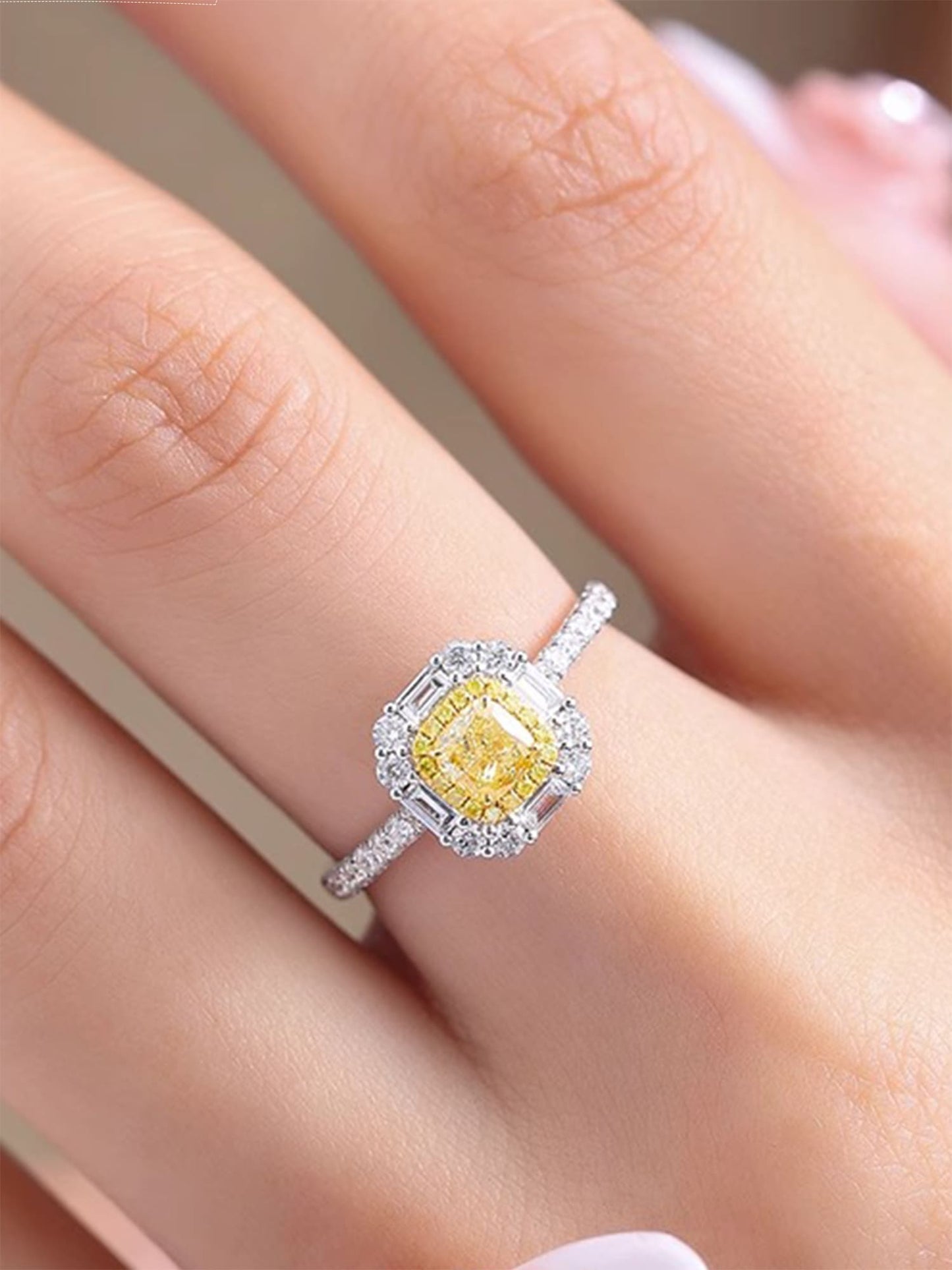 Mixed-Cut Halo Lab Diamond Engagement Ring • Baguette & Round • Fancy Yellow D VVS1 | VIVADAR