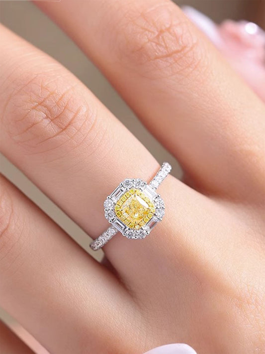 Mixed-Cut Halo Lab Diamond Engagement Ring • Baguette & Round • Fancy Yellow D VVS1 | VIVADAR