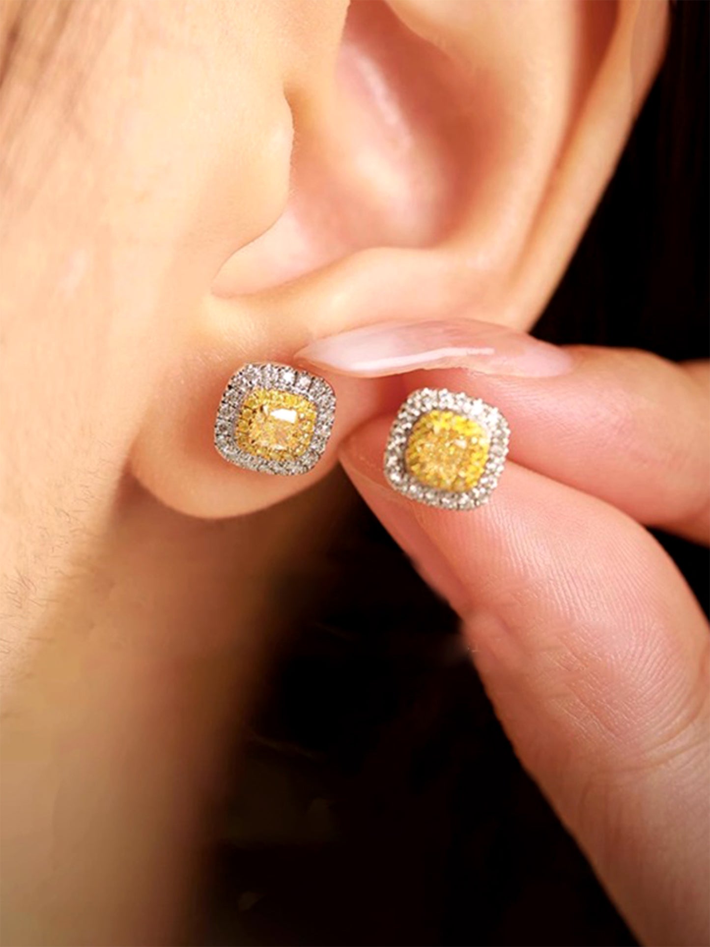 Fancy Yellow Cushion Halo Stud Earrings in 18K White Gold • VS1 | VIVADAR