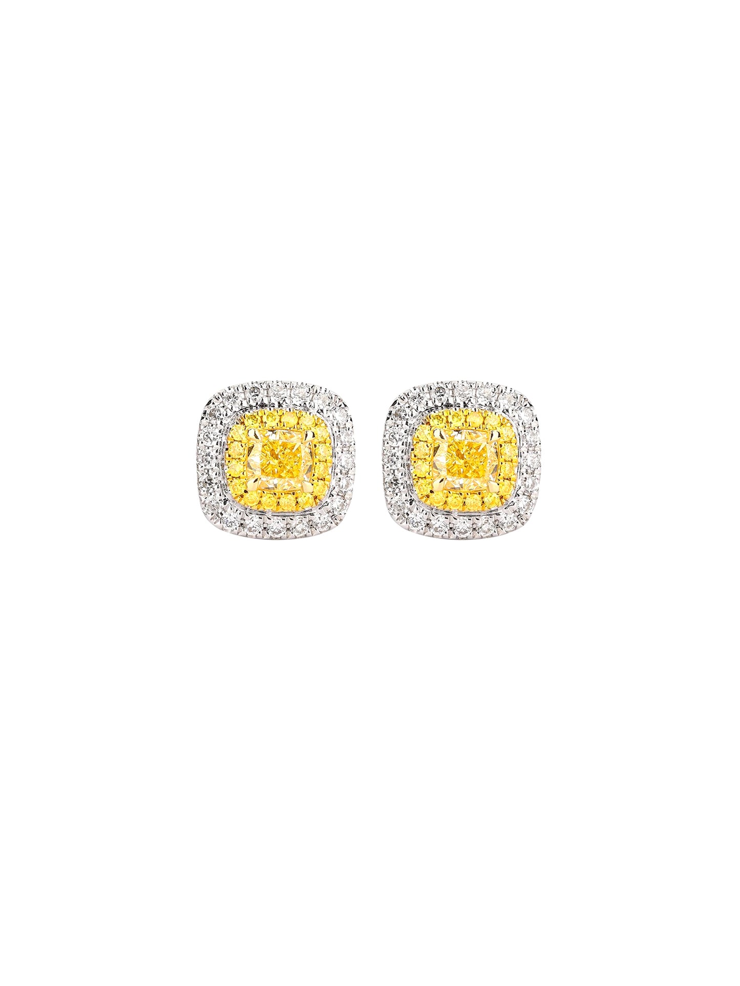 Fancy Yellow Cushion Halo Stud Earrings in 18K White Gold • VS1 | VIVADAR