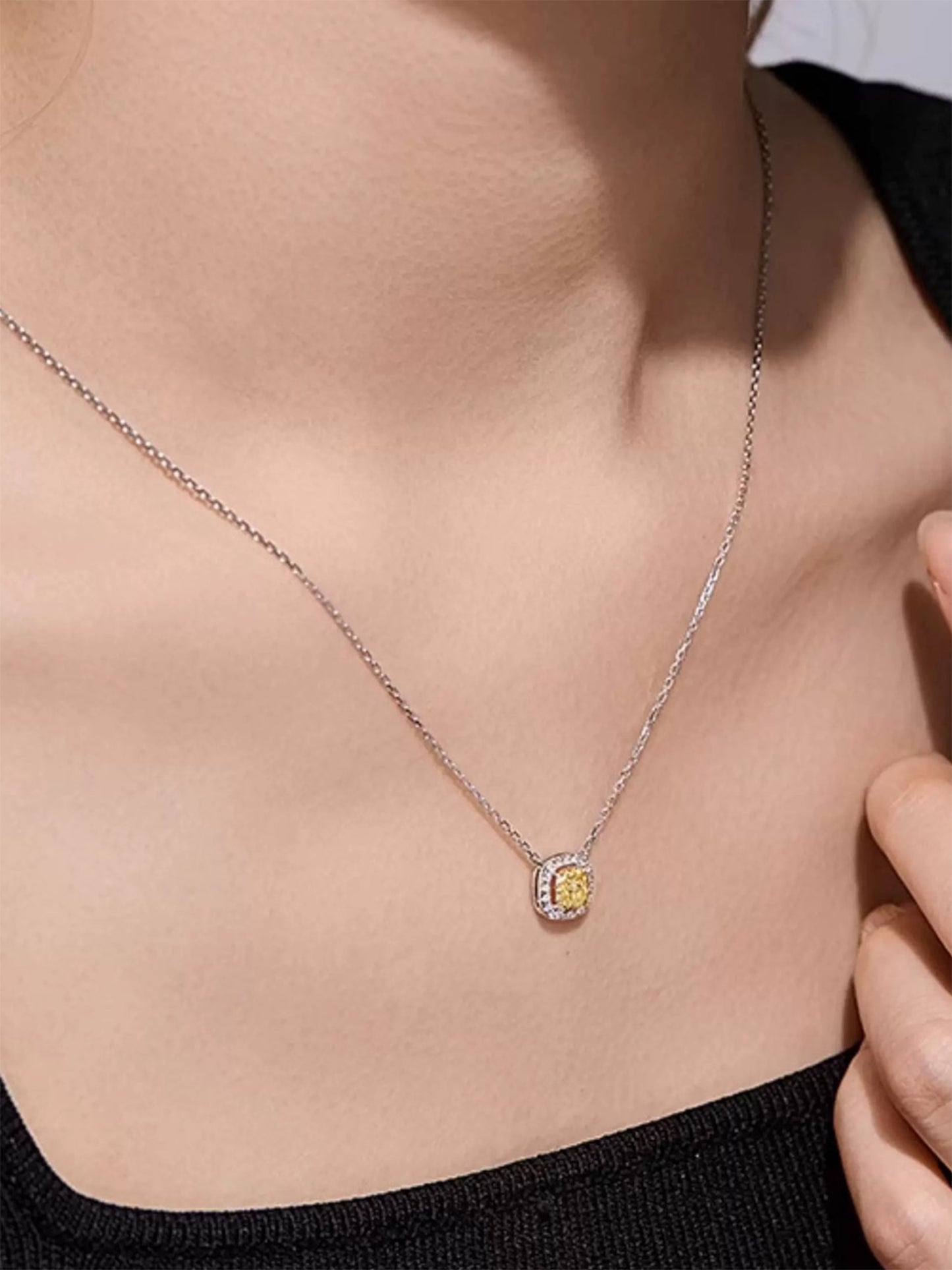 Fancy Yellow Cushion Cut Lab Diamond Halo Necklace • Excellent Cut D Color VVS1 | VIVADAR