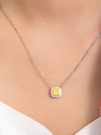 Fancy Yellow Cushion Cut Lab Diamond Halo Necklace • Excellent Cut D Color VVS1 | VIVADAR