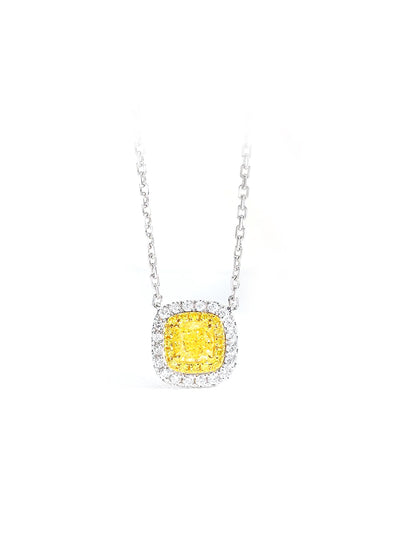 Fancy Yellow Cushion Cut Lab Diamond Halo Necklace • Excellent Cut D Color VVS1 | VIVADAR