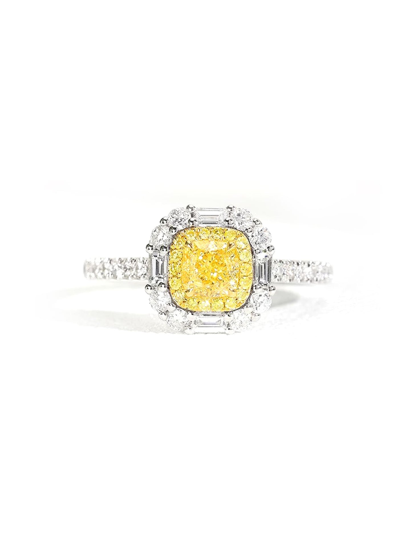 Mixed-Cut Halo Lab Diamond Engagement Ring • Baguette & Round • Fancy Yellow D VVS1 | VIVADAR