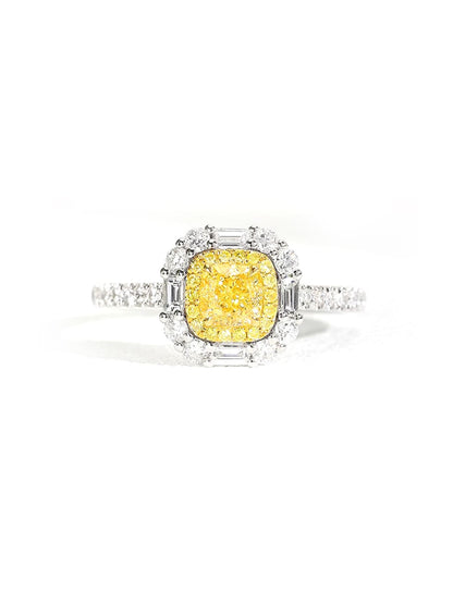 Mixed-Cut Halo Lab Diamond Engagement Ring • Baguette & Round • Fancy Yellow D VVS1 | VIVADAR